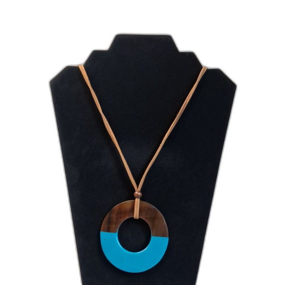 Blue & Brown Round Circle Pendant Long Length Sliding Knot Cord Boho Necklace